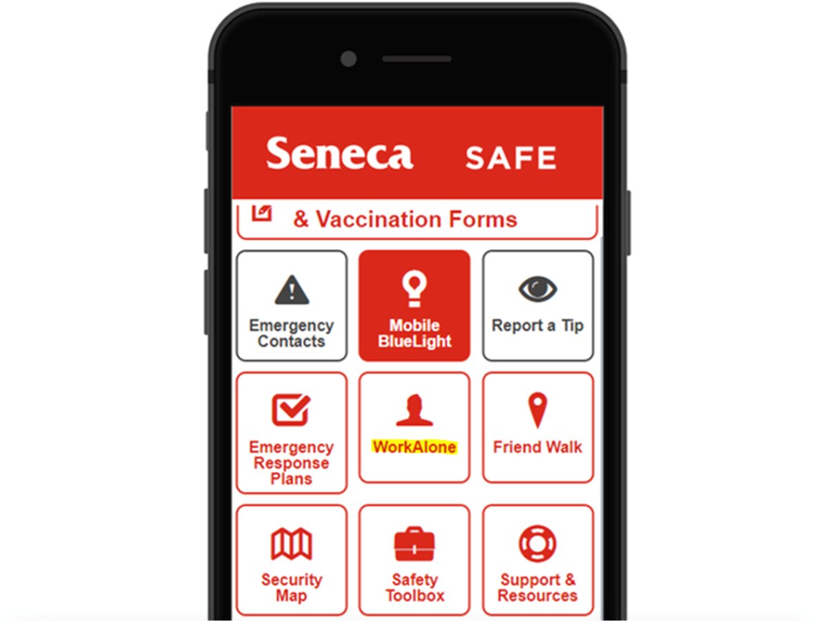 Stay safe on campus with the WorkAlone feature on the SenecaSAFE app